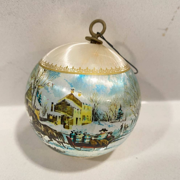 Vintage Satin Christmas Ornaments Winter Scene Decorations Set of 2 - Picture 3 of 8